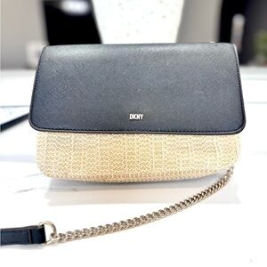 DKNY Straw And Leather Chain Crossbody Bag Black Natural